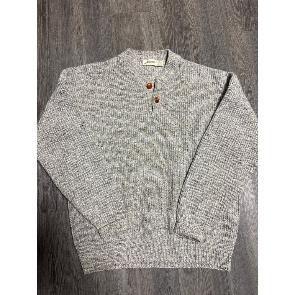 St Johns Bay Mens XLT Grey Speckled Wool Blend Fisherman Henley Sweater USA Made